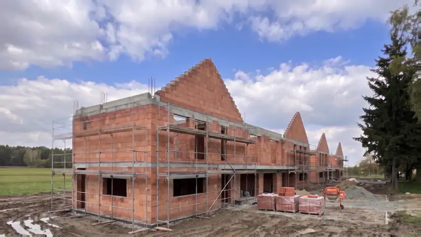 Ściany z czerwonych pustaków ceramicznych na etapie budowy